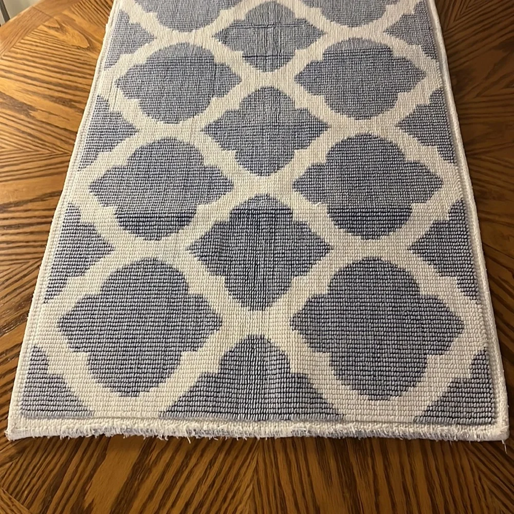 Natural Cotton Bath Mat / Throw Rug White & Blue Design